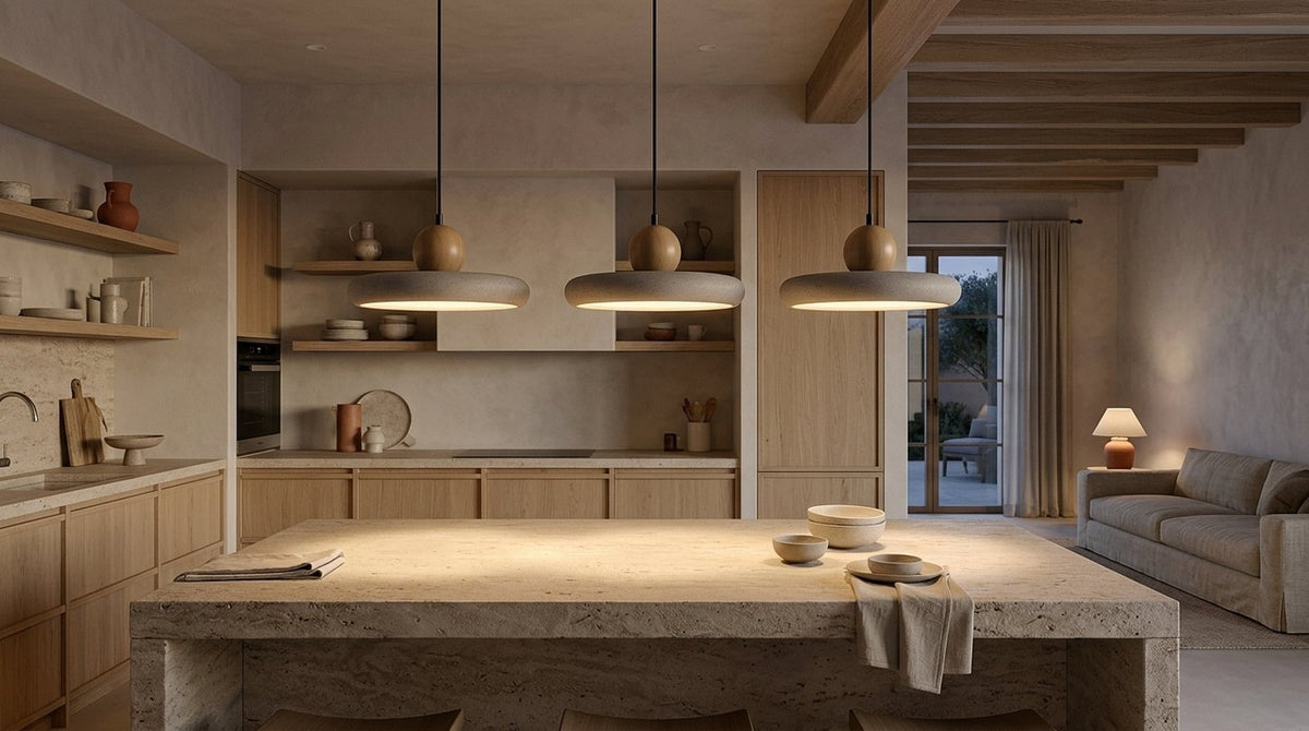 Cocina abierta al salón con tres lámparas colgantes de travertino sobre la isla