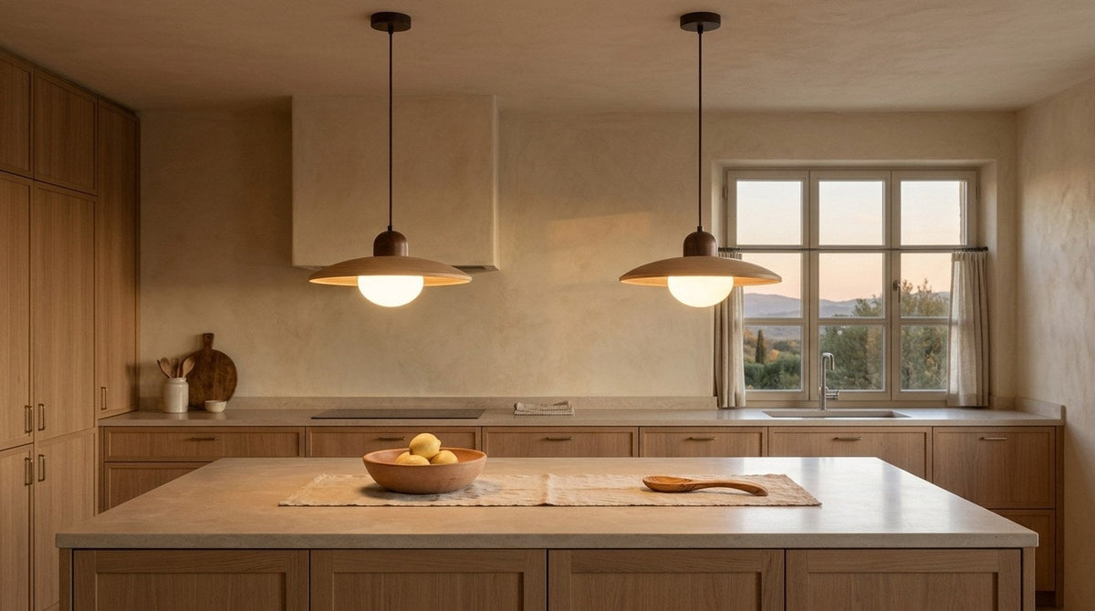 Cocina con dos lámparas colgantes de madera encendidas sobre la isla