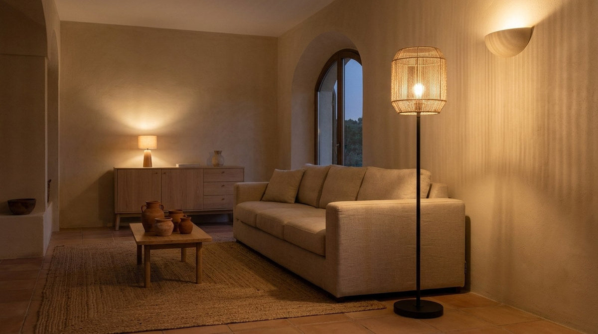 Salón mediterráneo con lámpara de pie de cuerda trenzada junto al sofá y lámpara de mesa de madera