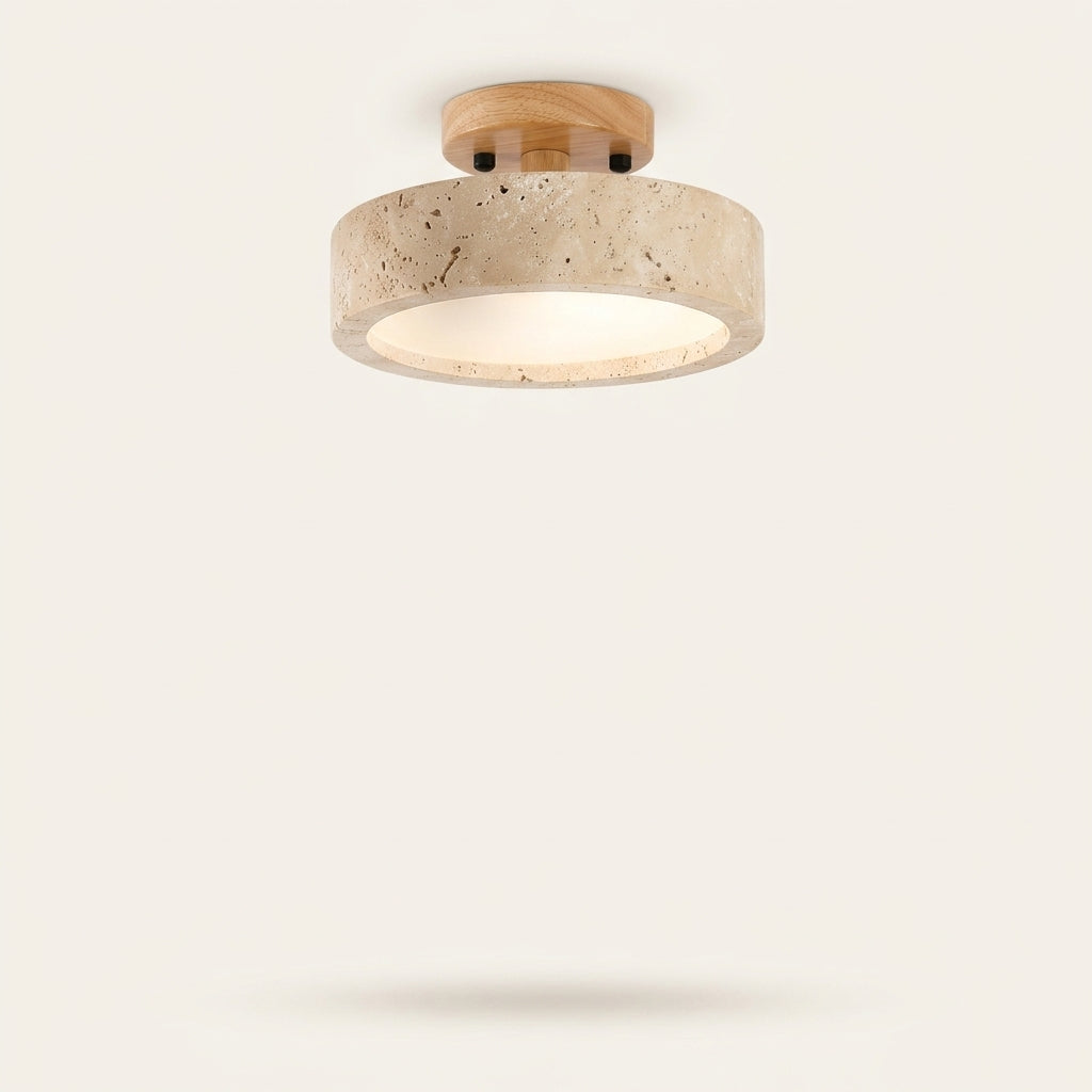 Lámpara de techo LED de travertino con soporte de madera Halo