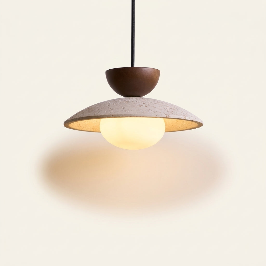 Lámpara colgante cúpula de travertino y madera Cúpula