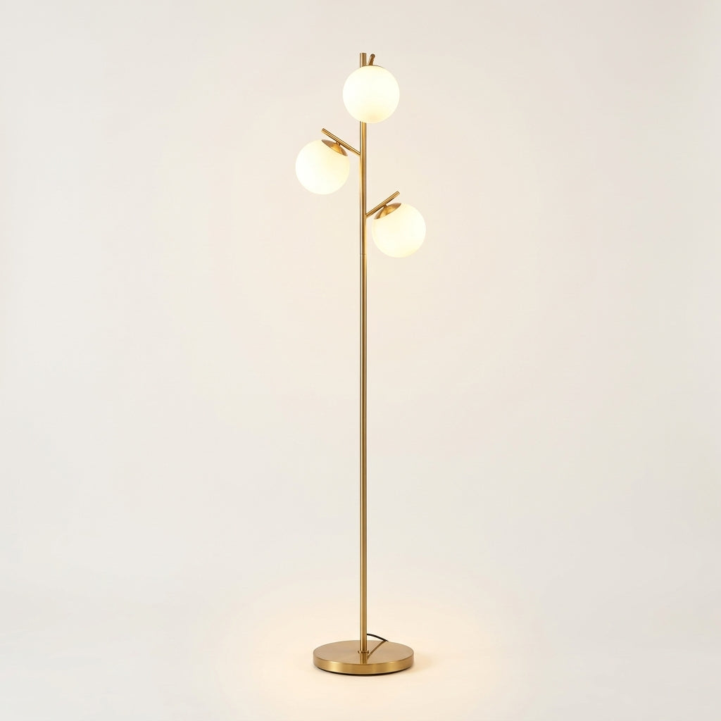 Lámpara de pie art déco dorada de tres globos opal Trío
