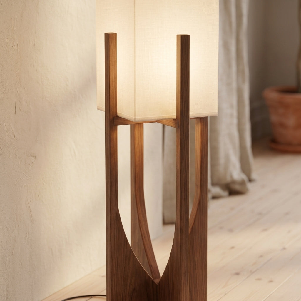 Lámpara de pie japandi de tela y madera Kumo – detalle