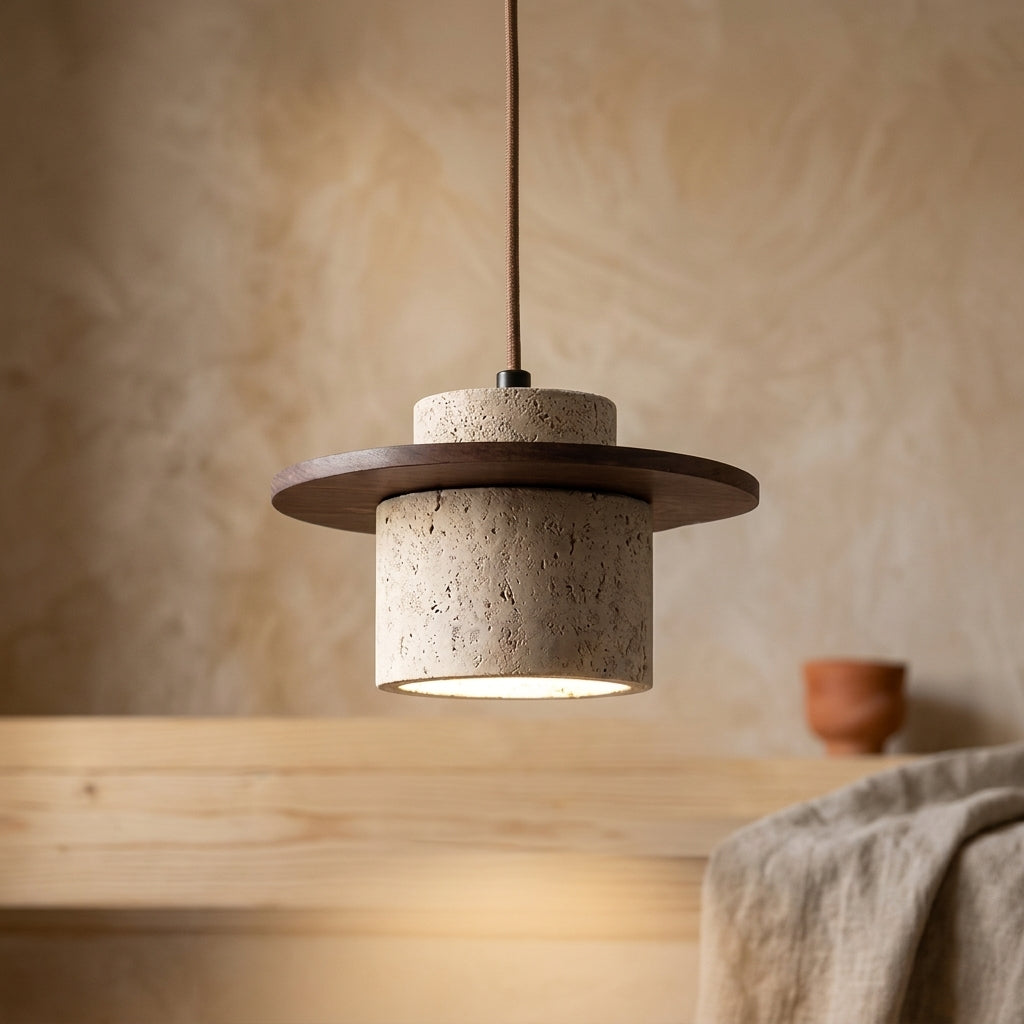 Lámpara colgante de travertino en capas con disco de madera Estrato – detalle