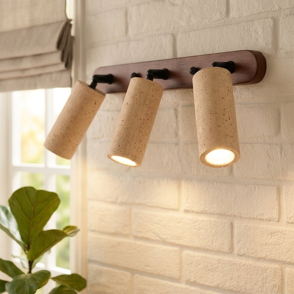 Aplique de pared de travertino y nogal con focos orientables Dúo – detalle