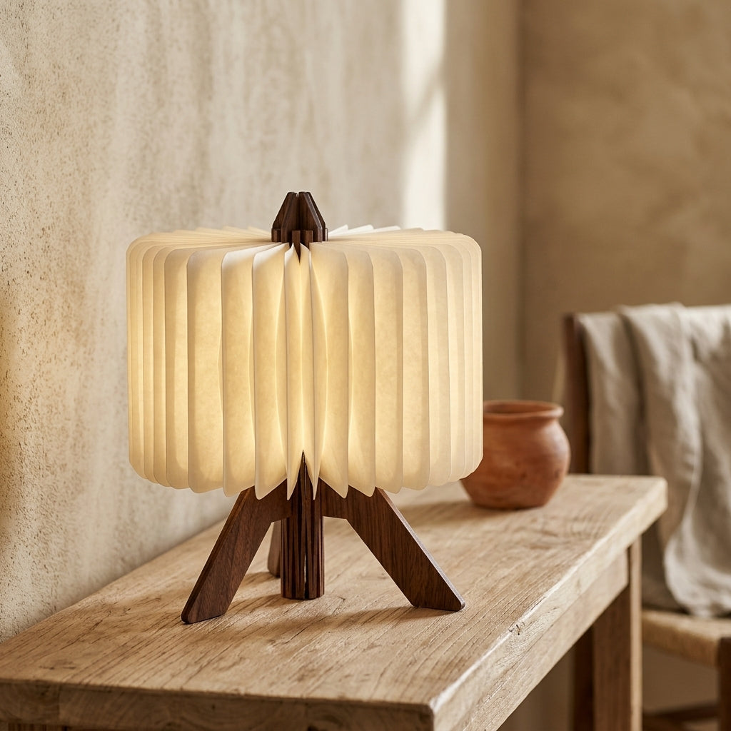 Lámpara de mesa plegable de madera y papel Pliego – detalle