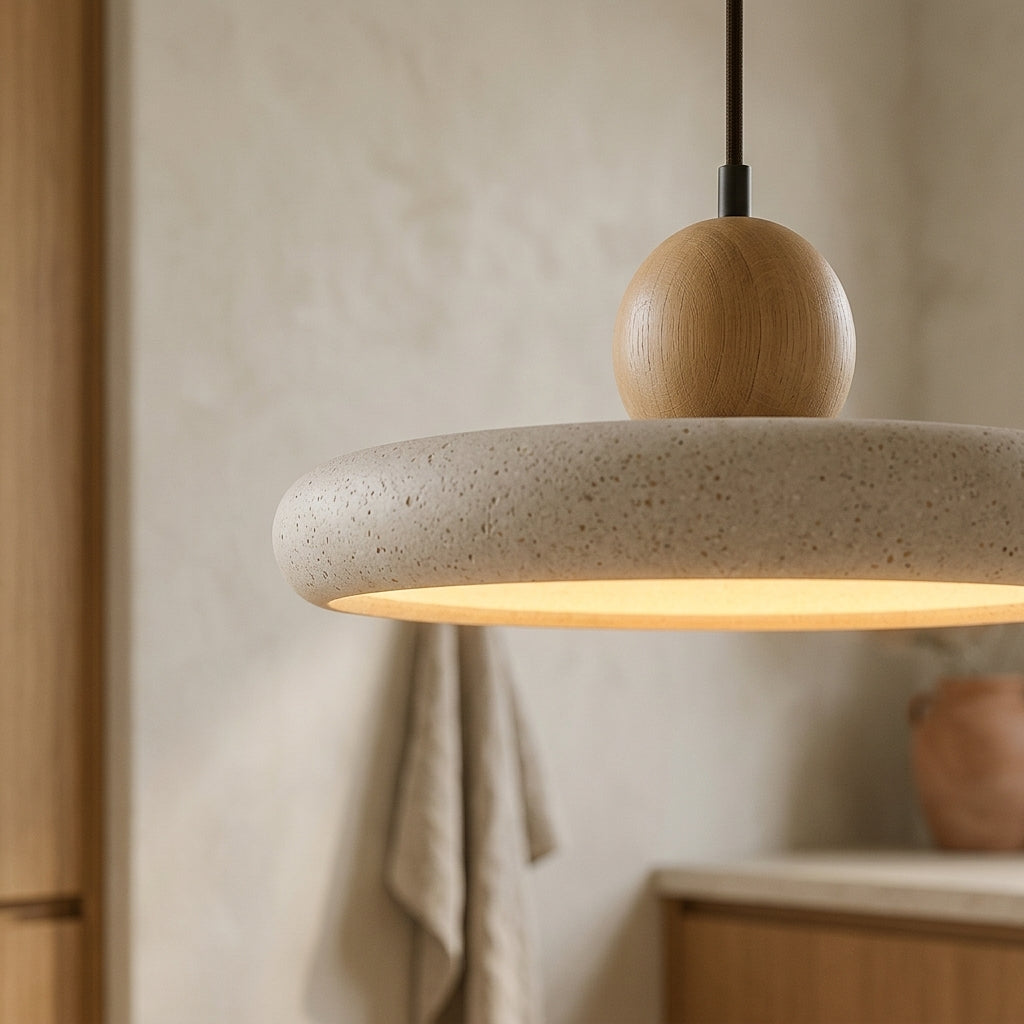 Lámpara colgante disco de travertino y madera Disco – detalle