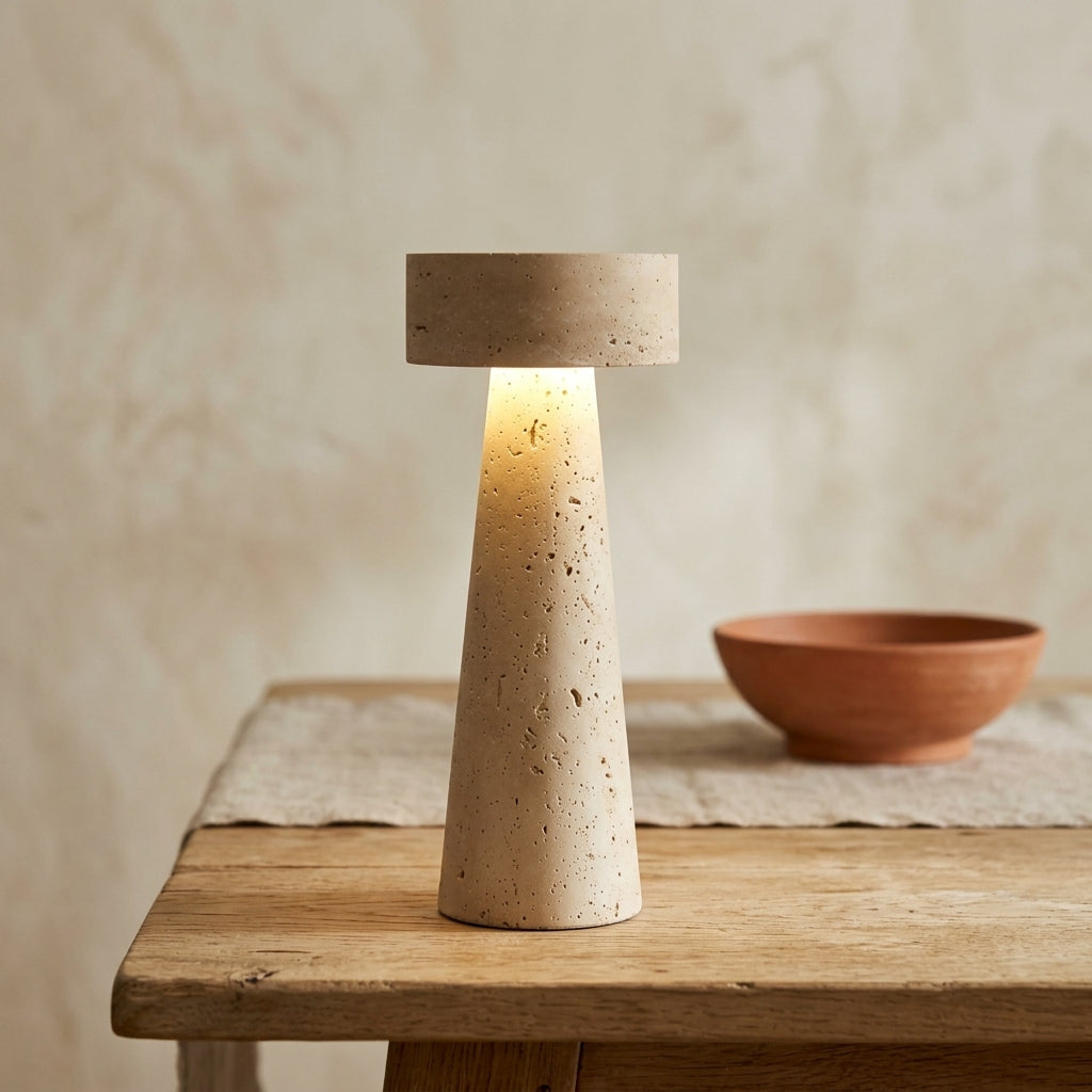 Lámpara de mesita de travertino natural con LED integrado Piedra – detalle