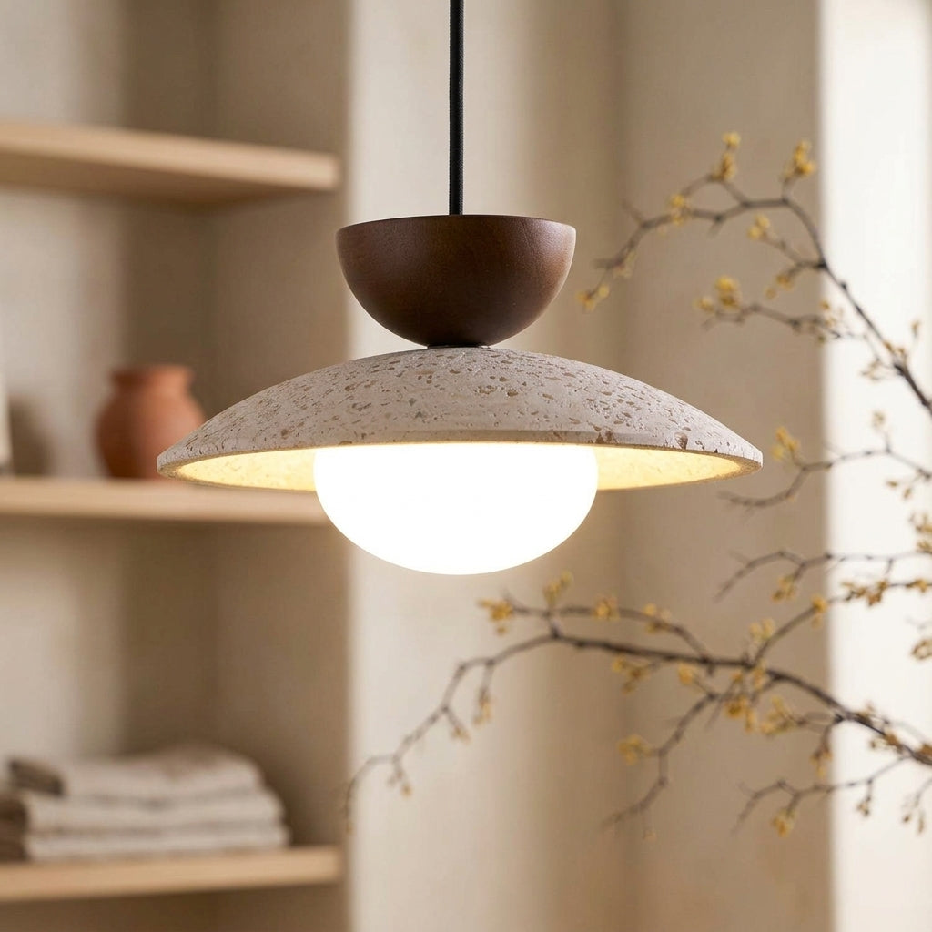 Lámpara colgante cúpula de travertino y madera Cúpula – detalle