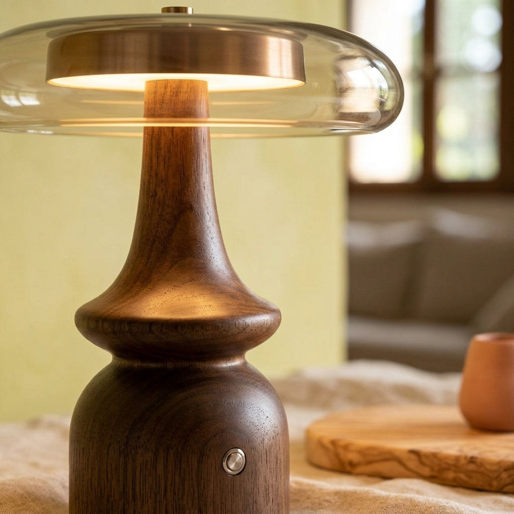 Lámpara de mesita de noche de nogal y vidrio Cognac – detalle