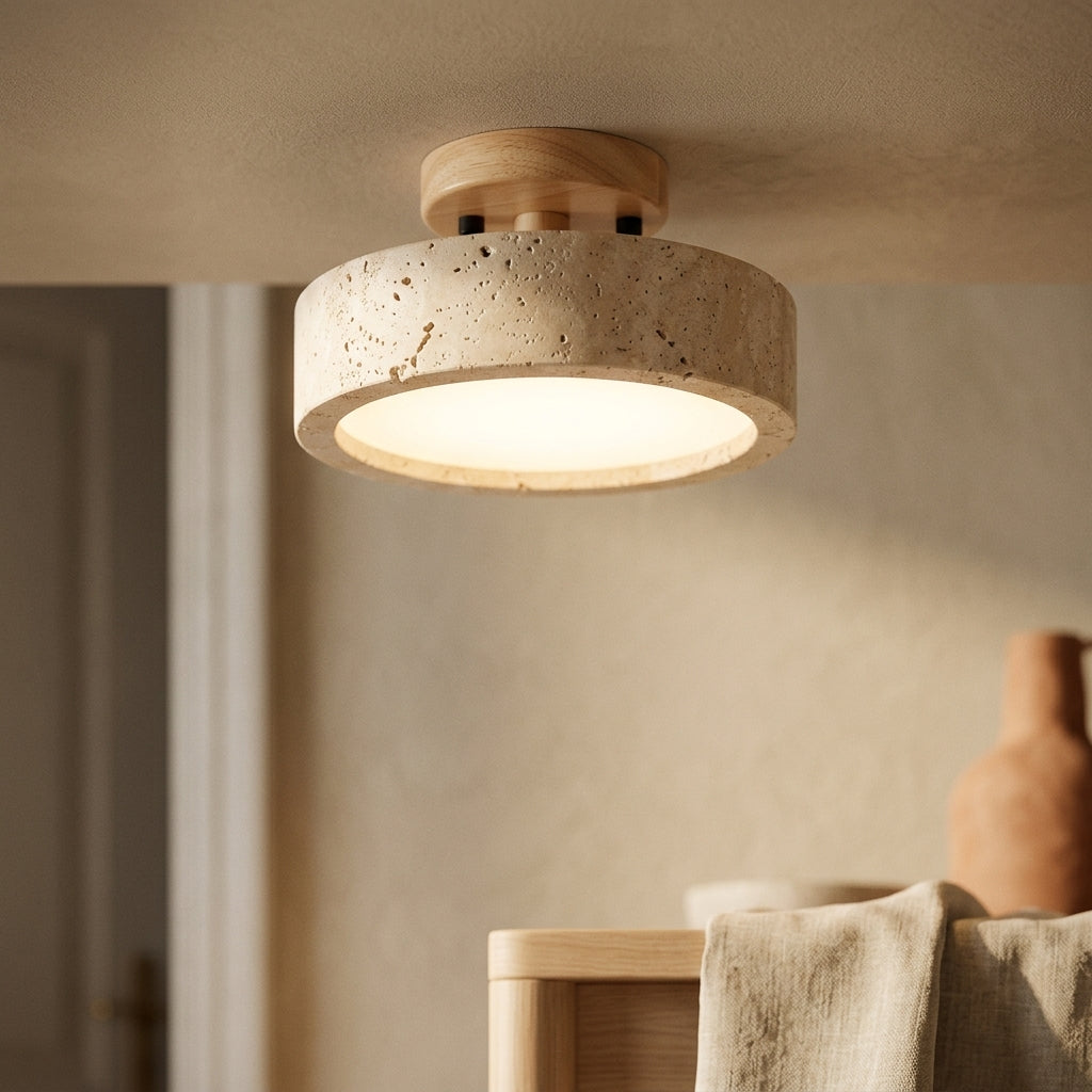 Lámpara de techo LED de travertino con soporte de madera Halo – detalle