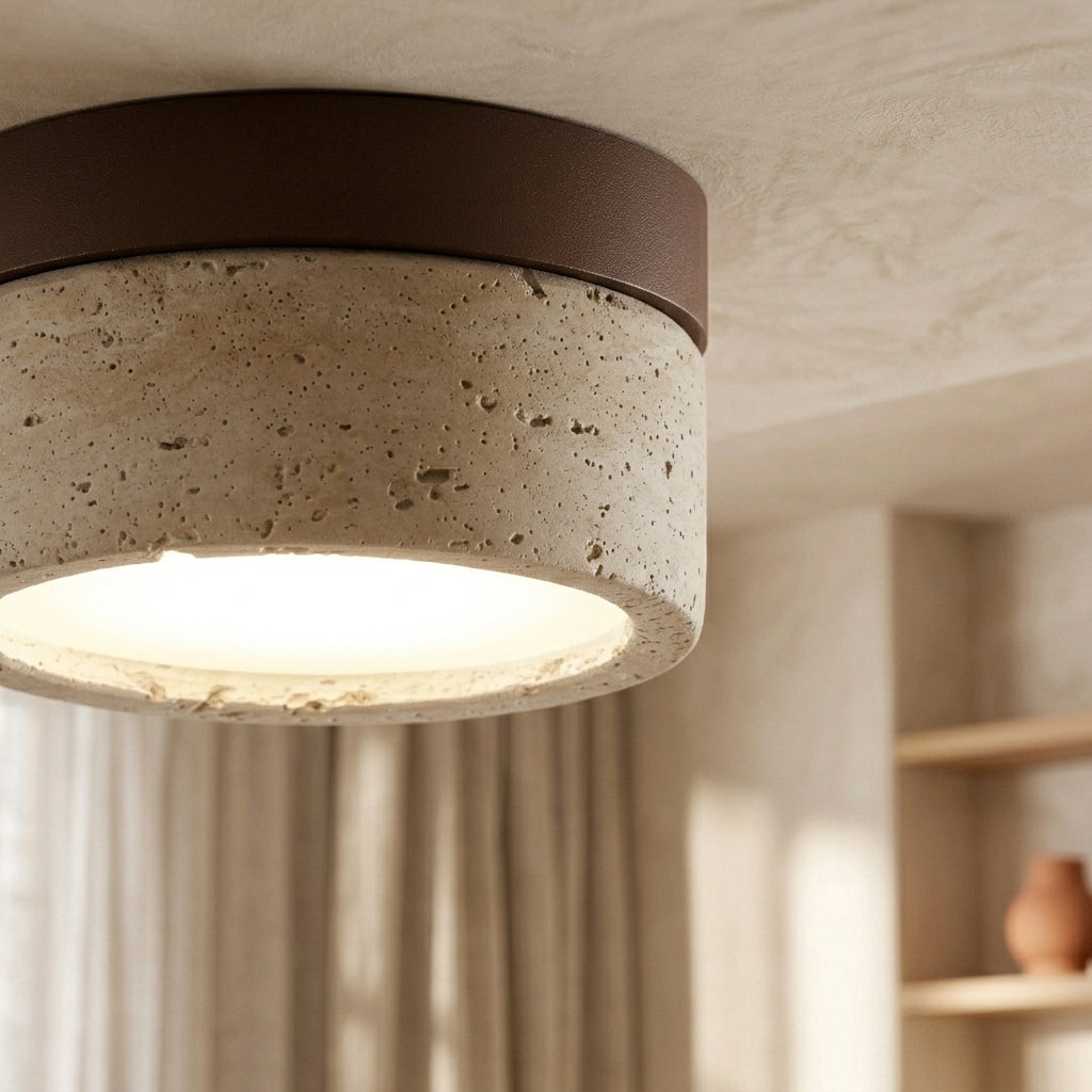 Lámpara de techo plafón de travertino y madera Piedra – detalle