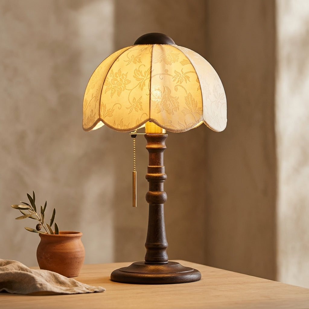 Lámpara de mesa retro con pantalla sombrilla y base de madera Brisa – detalle