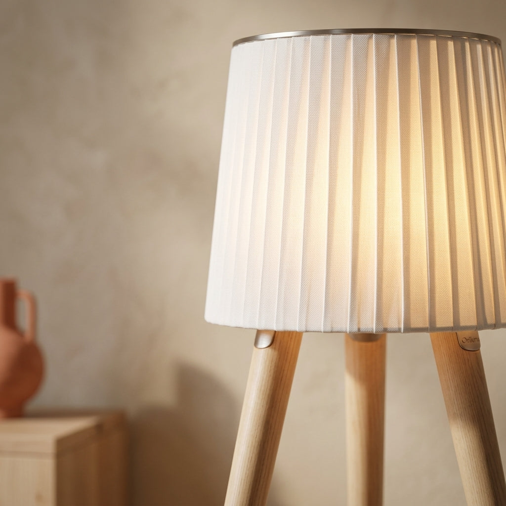 Lámpara de pie de papel plisado con trípode de madera Kioto – detalle