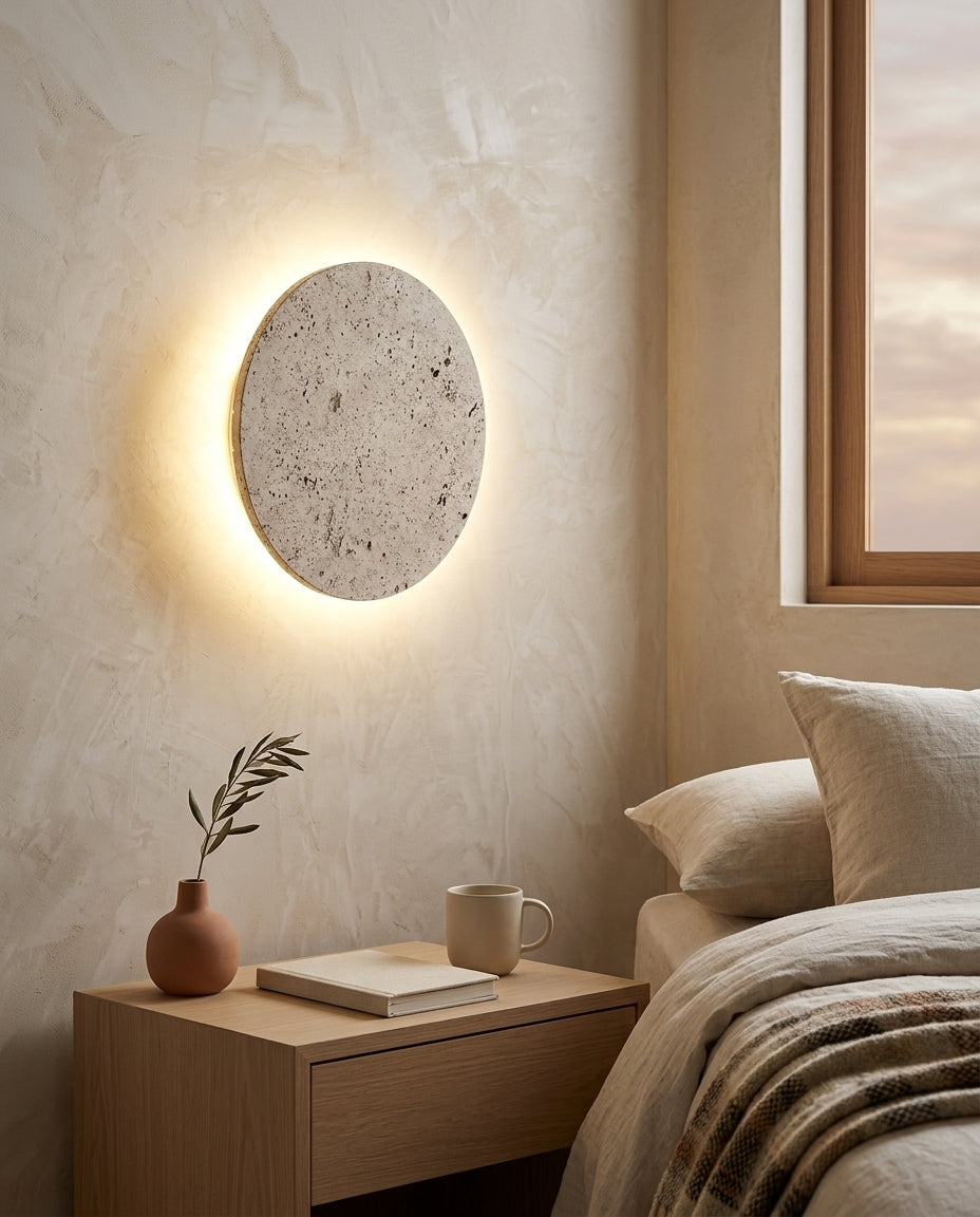 Aplique de pared redondo de travertino con luz de halo Eclipse – cabecero