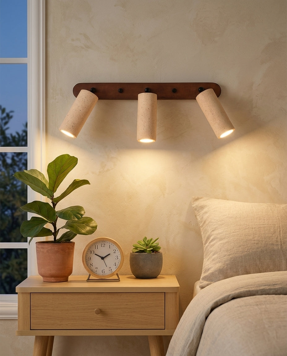 Aplique de pared de travertino y nogal con focos orientables Dúo – cabecero