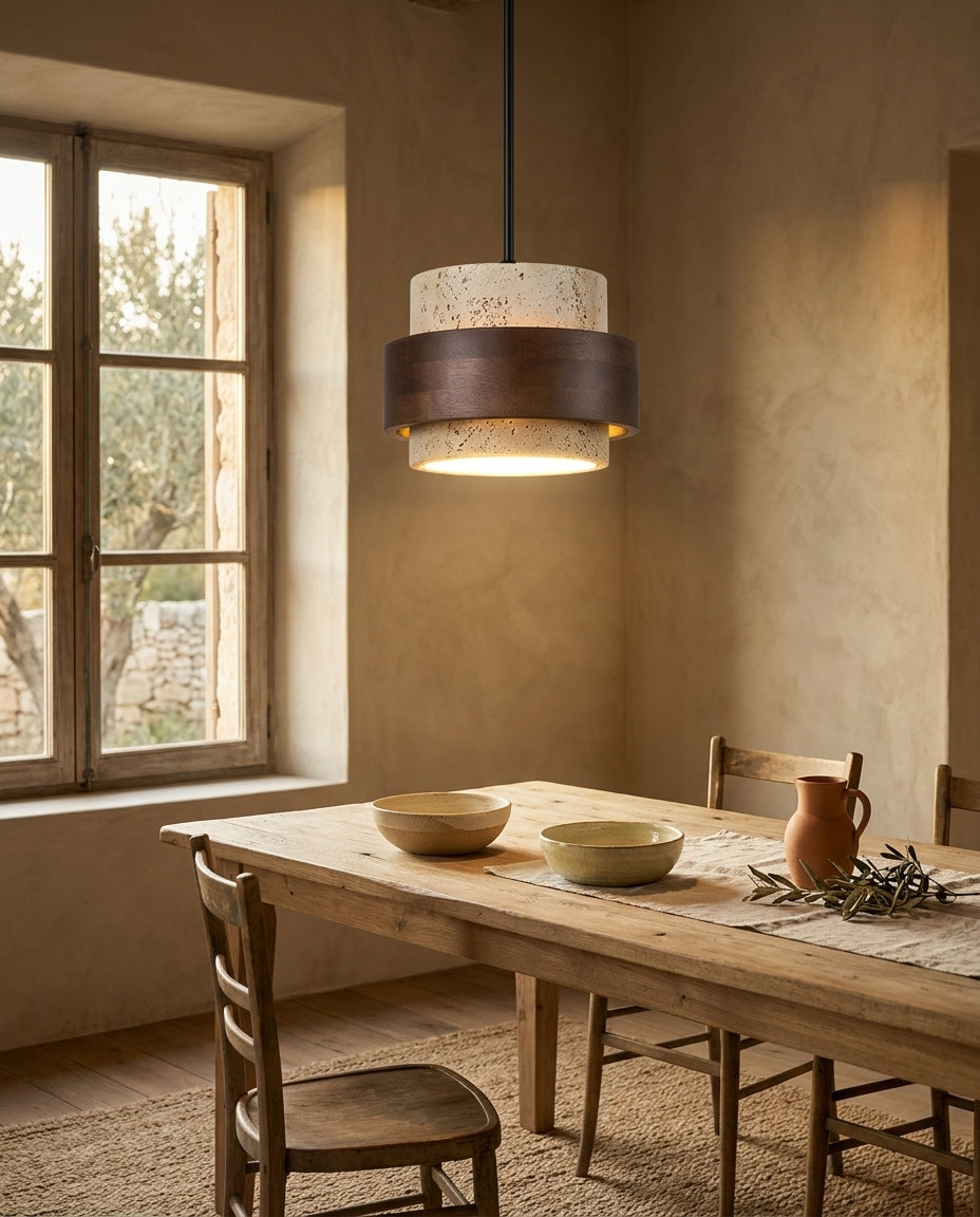 Lámpara colgante de travertino y madera maciza Ascenso – comedor