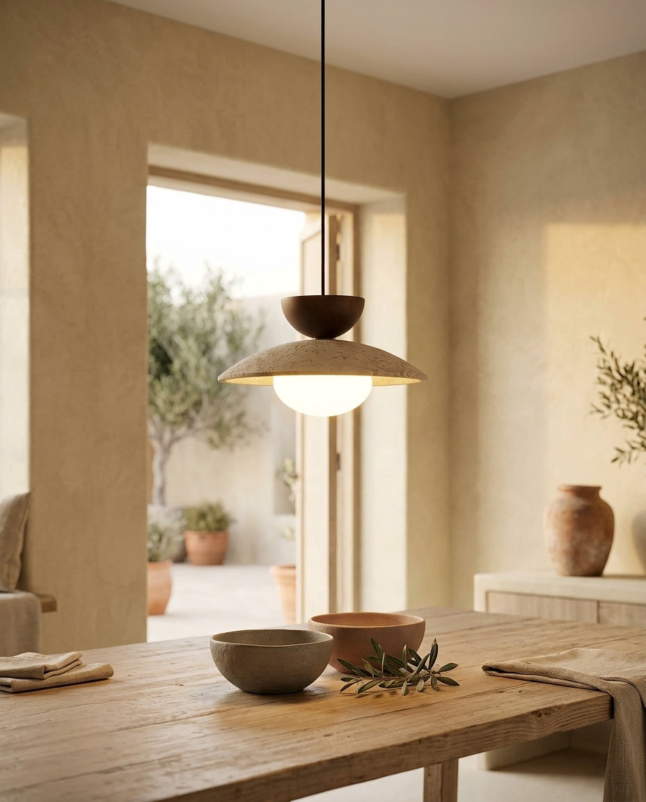 Lámpara colgante cúpula de travertino y madera Cúpula – comedor
