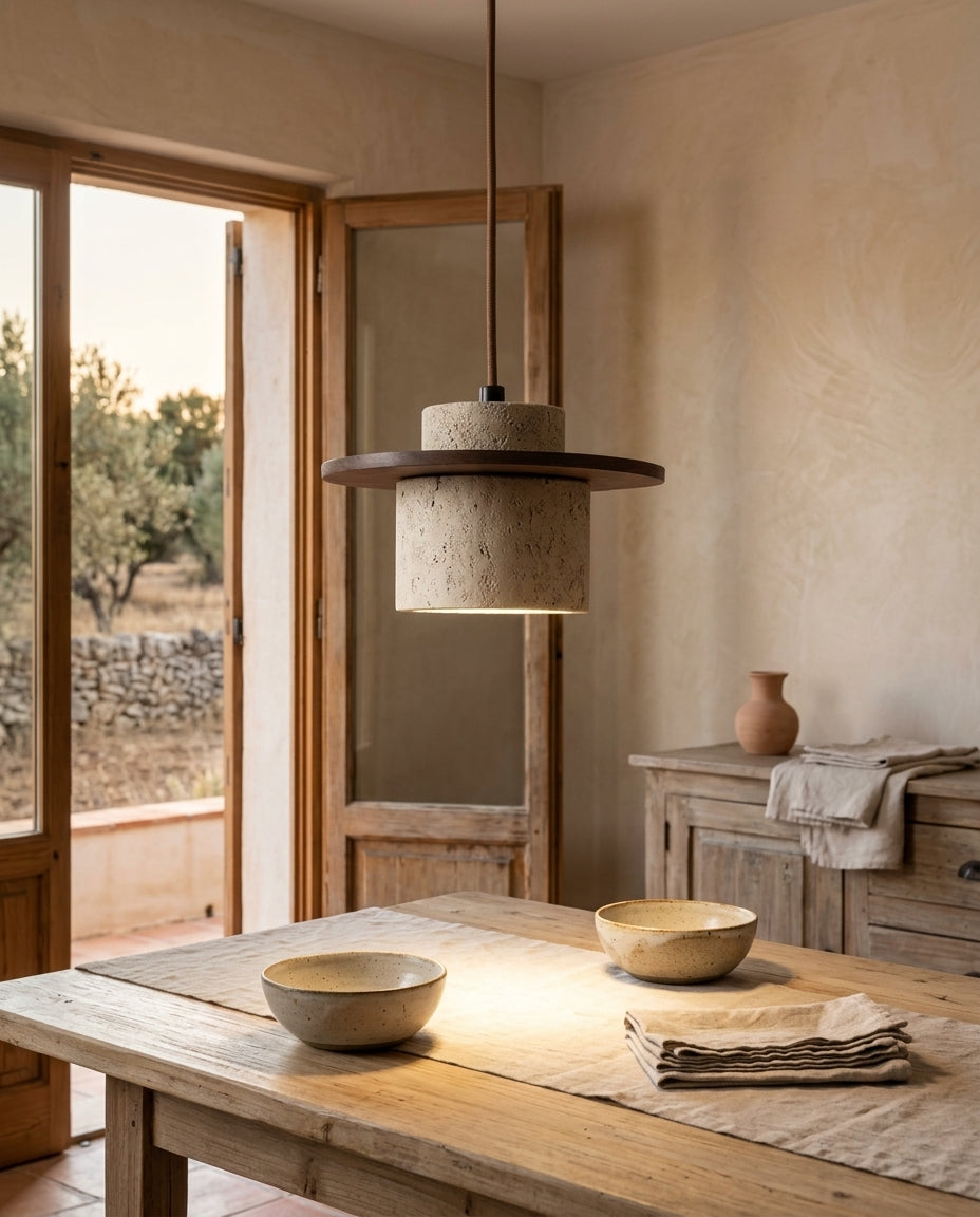 Lámpara colgante de travertino en capas con disco de madera Estrato – comedor