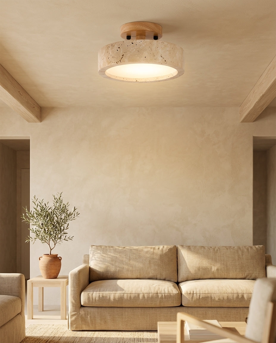 Lámpara de techo LED de travertino con soporte de madera Halo – salon