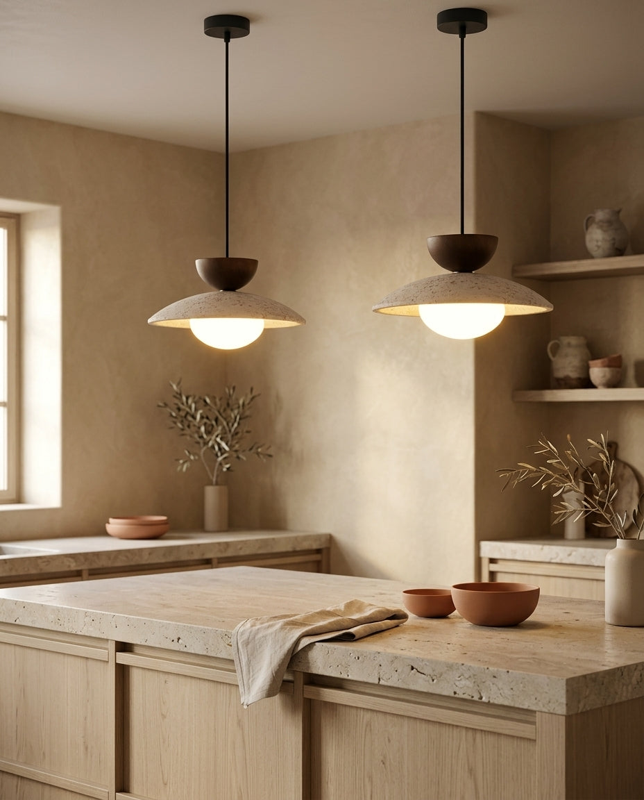 Lámpara colgante cúpula de travertino y madera Cúpula – cocina