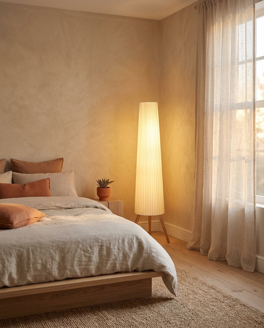 Lámpara de pie de papel plisado con trípode de madera Kioto – dormitorio