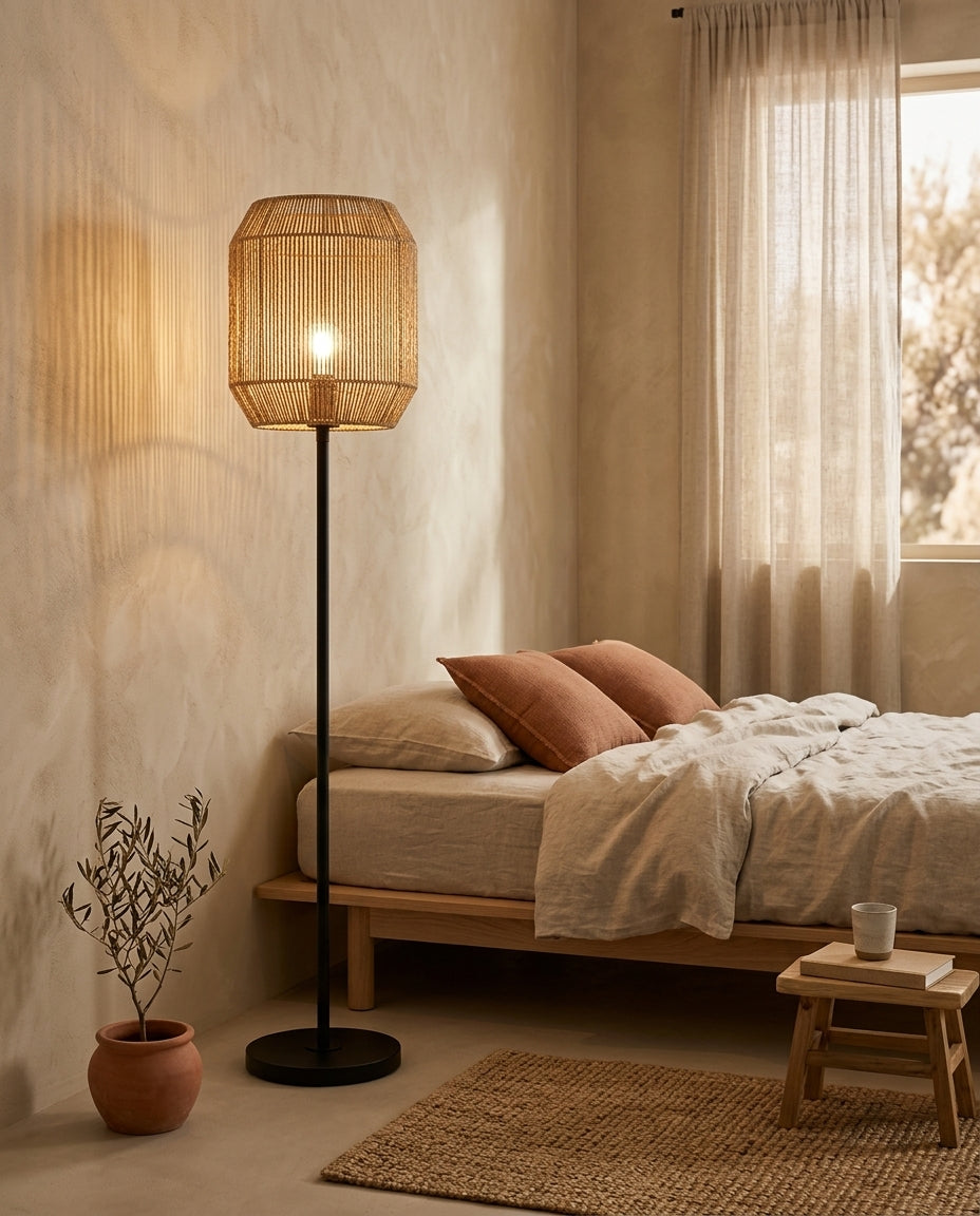 Lámpara de pie con pantalla de cuerda trenzada Cala – dormitorio