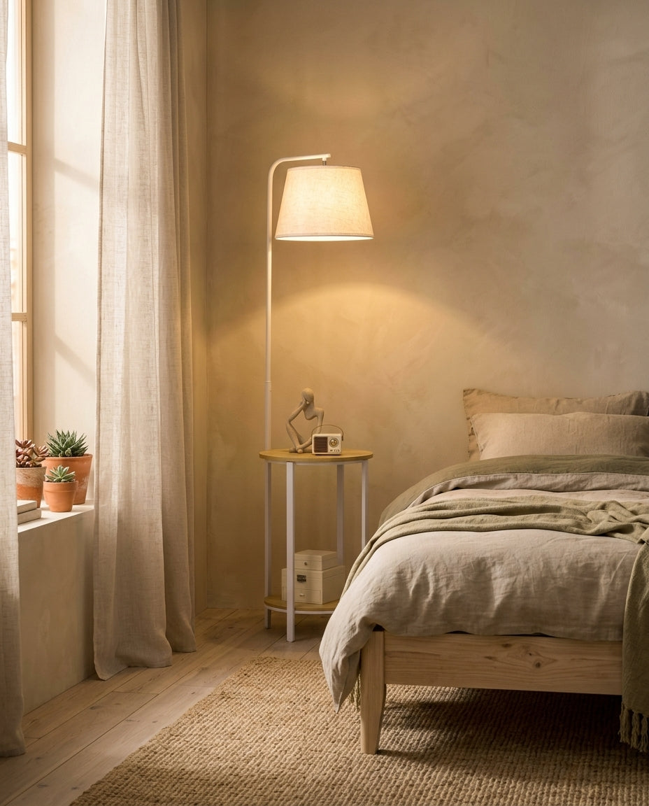 Lámpara de pie blanca con dos estantes de bambú Nórdica – dormitorio