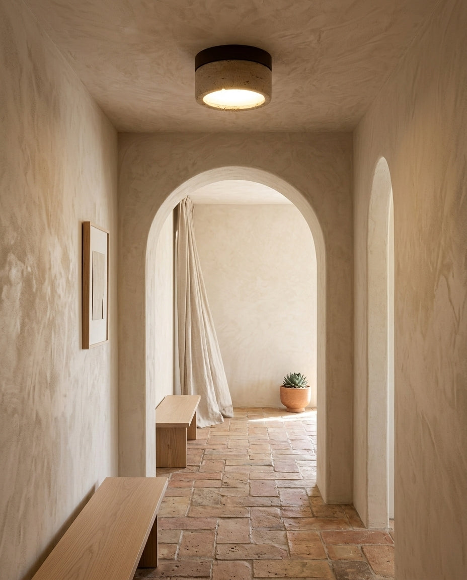 Lámpara de techo plafón de travertino y madera Piedra – pasillo