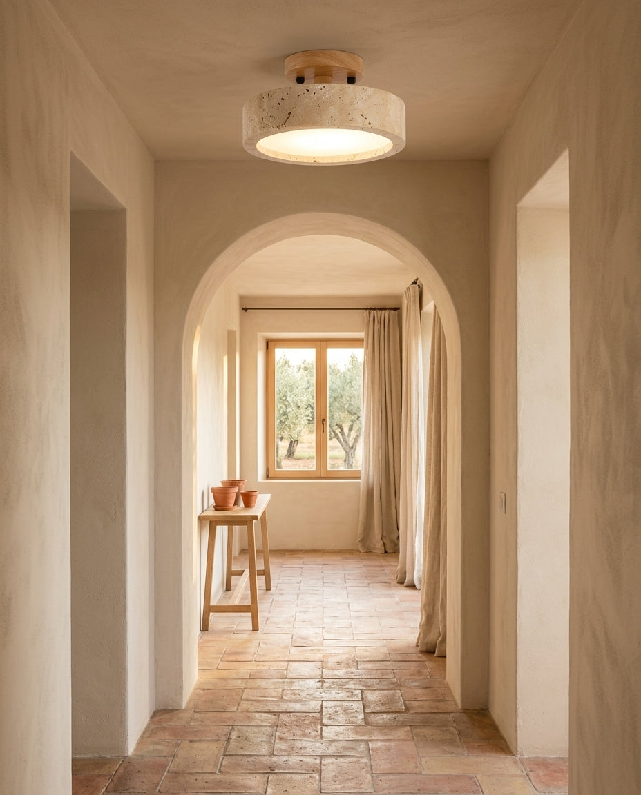 Lámpara de techo LED de travertino con soporte de madera Halo – pasillo