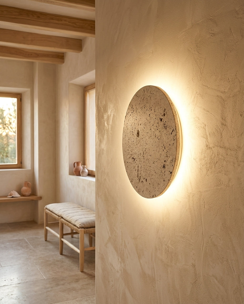 Aplique de pared redondo de travertino con luz de halo Eclipse – pasillo