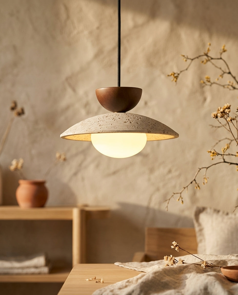Lámpara colgante cúpula de travertino y madera Cúpula – detalle