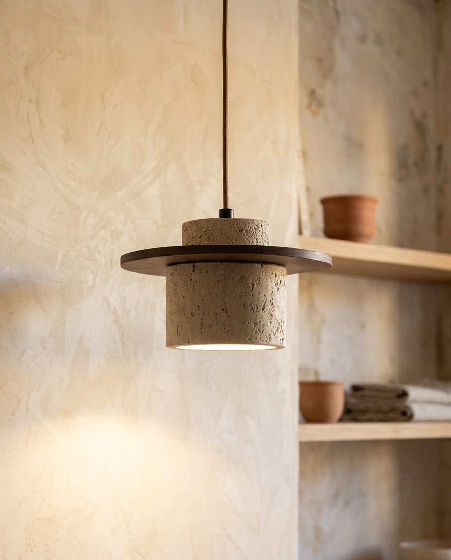 Lámpara colgante de travertino en capas con disco de madera Estrato – detalle