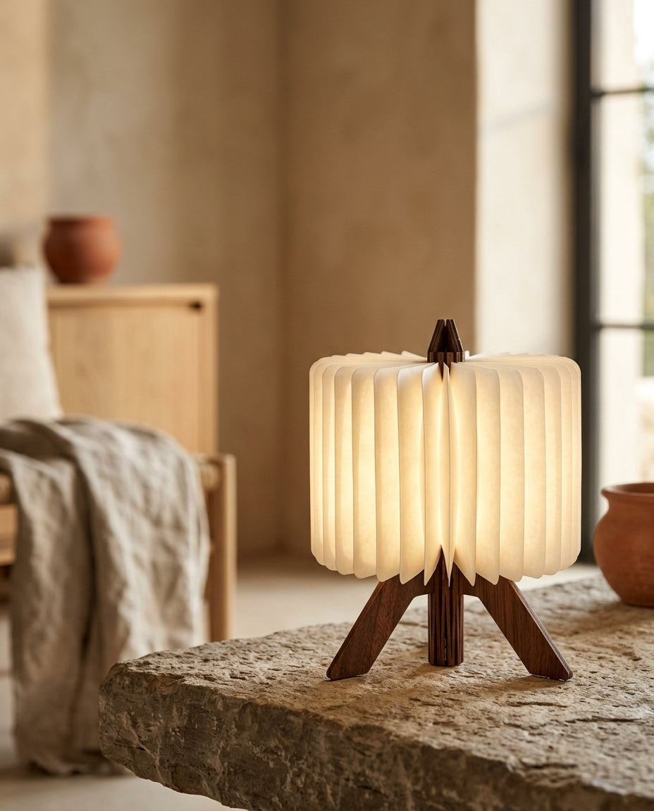 Lámpara de mesa plegable de madera y papel Pliego – detalle