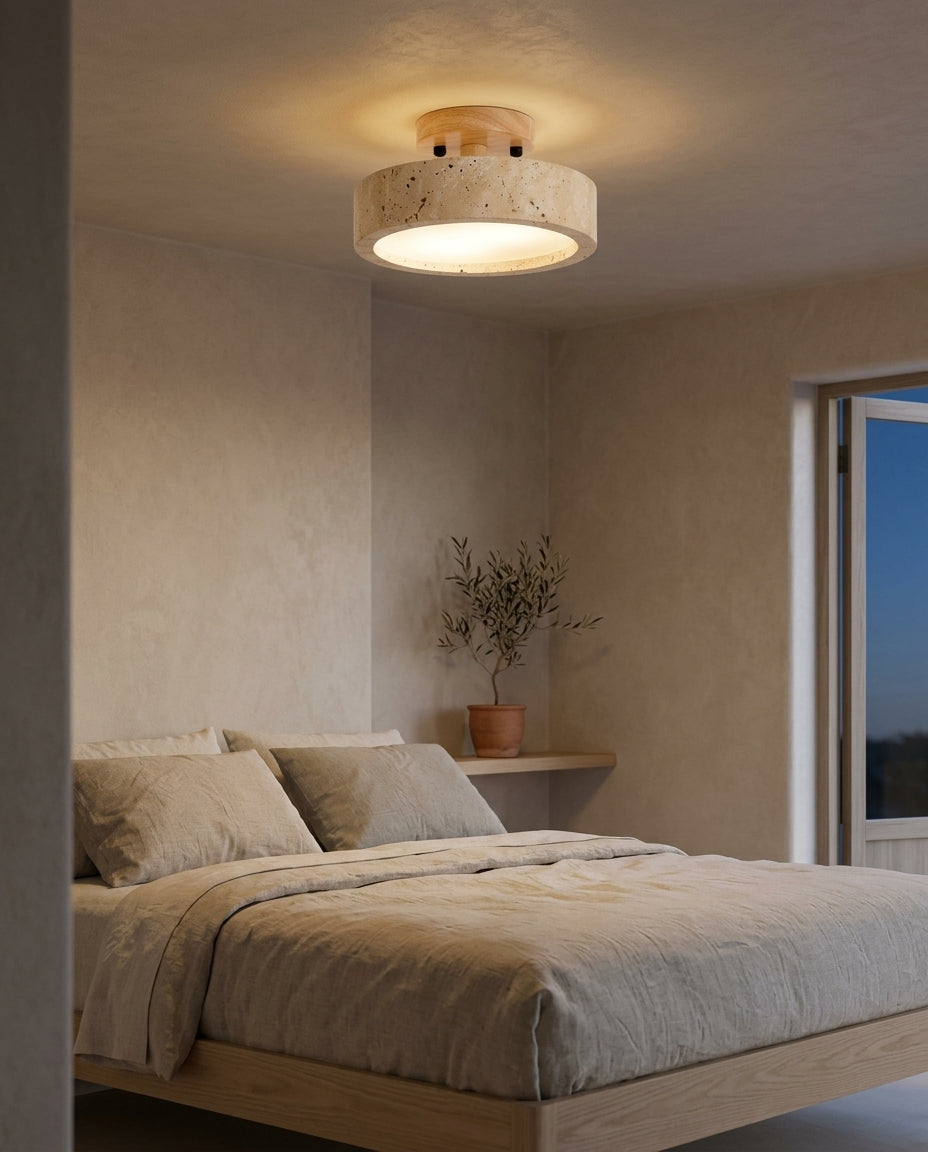 Lámpara de techo LED de travertino con soporte de madera Halo – dormitorio