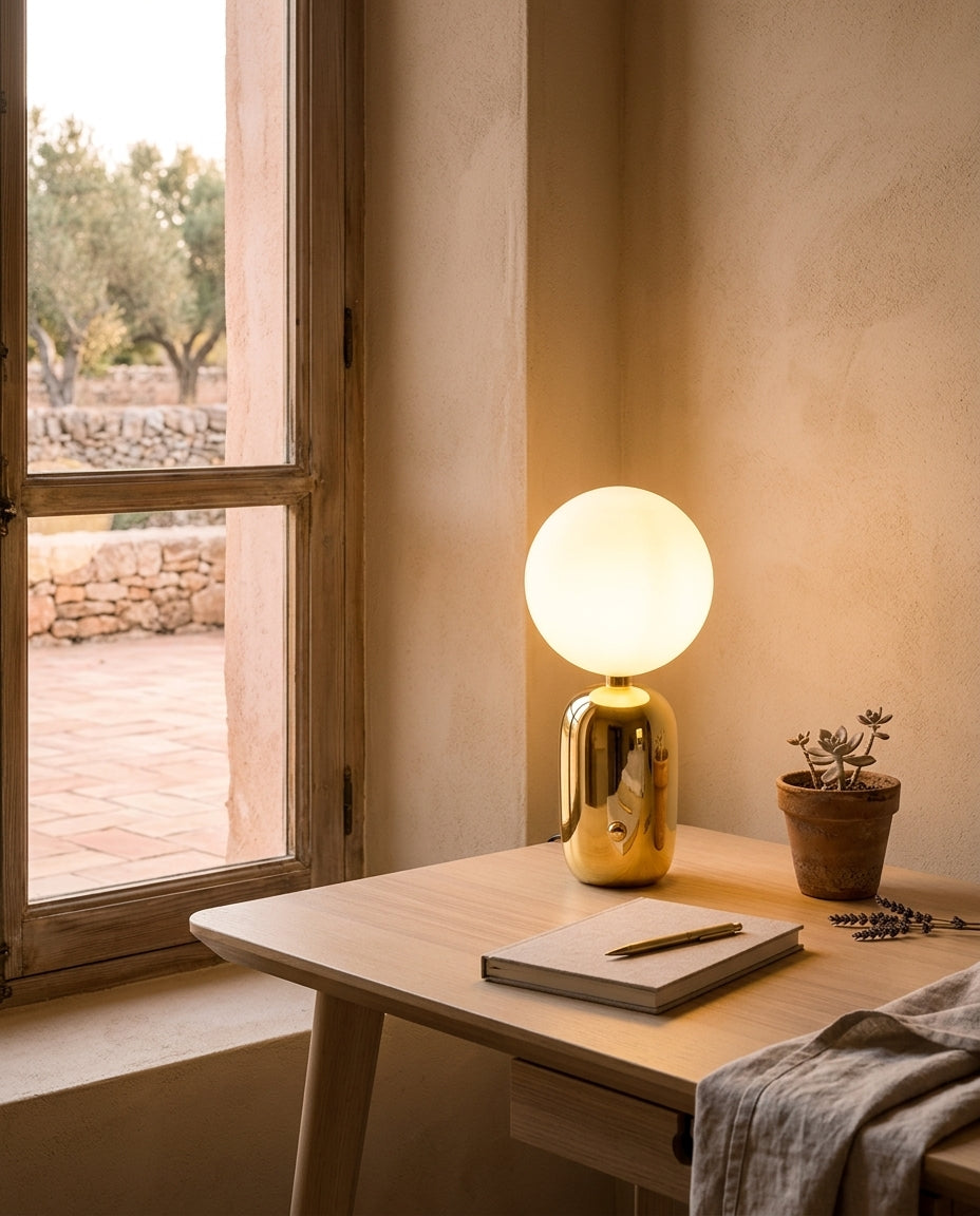 Lámpara de mesa de vidrio opal y metal Orbe – escritorio