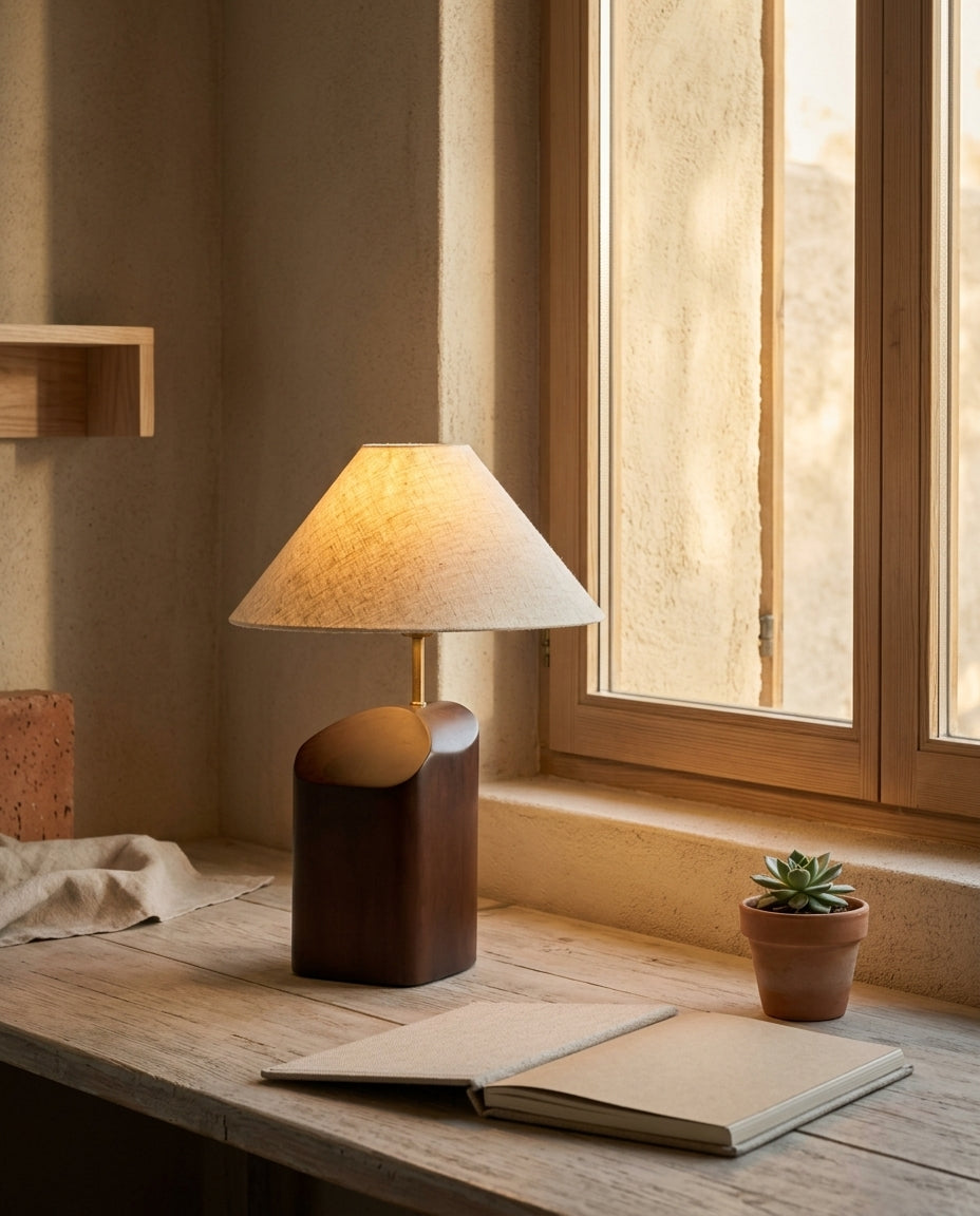Lámpara de mesa de madera de nogal con pantalla de tela Sena – escritorio