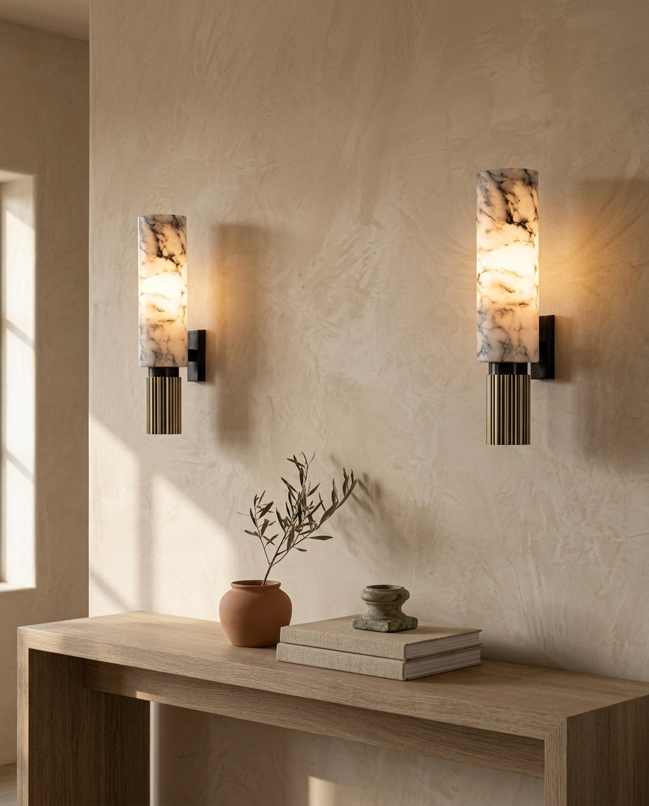 Aplique de pared de alabastro natural y latón acanalado Alabastro – pareja