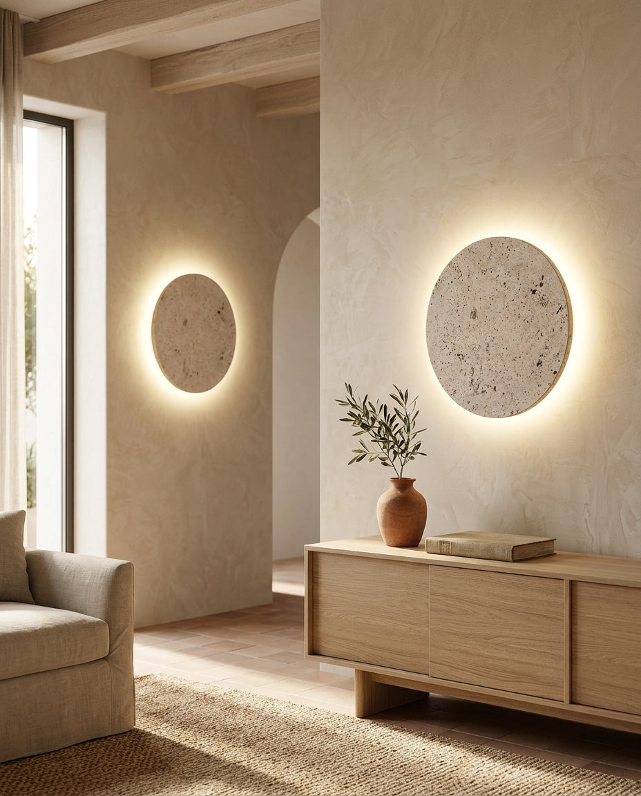Aplique de pared redondo de travertino con luz de halo Eclipse – pareja