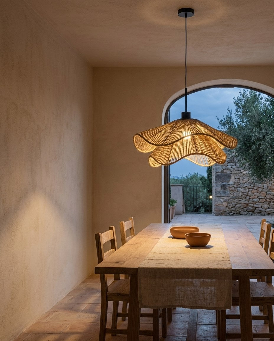 Lámpara colgante Cáñamo sobre una mesa de comedor de roble