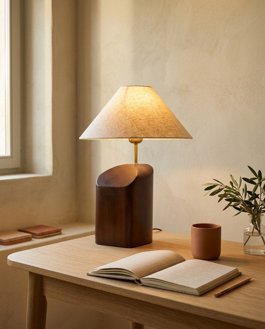 Lámpara de mesa Sena encendida sobre un escritorio de roble con un cuaderno