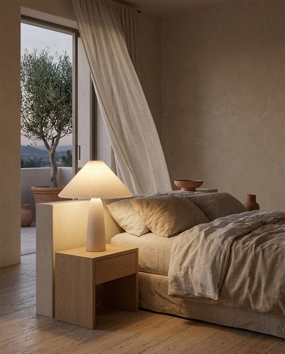 Lámpara de mesita Terra encendida en un dormitorio con ropa de cama de lino